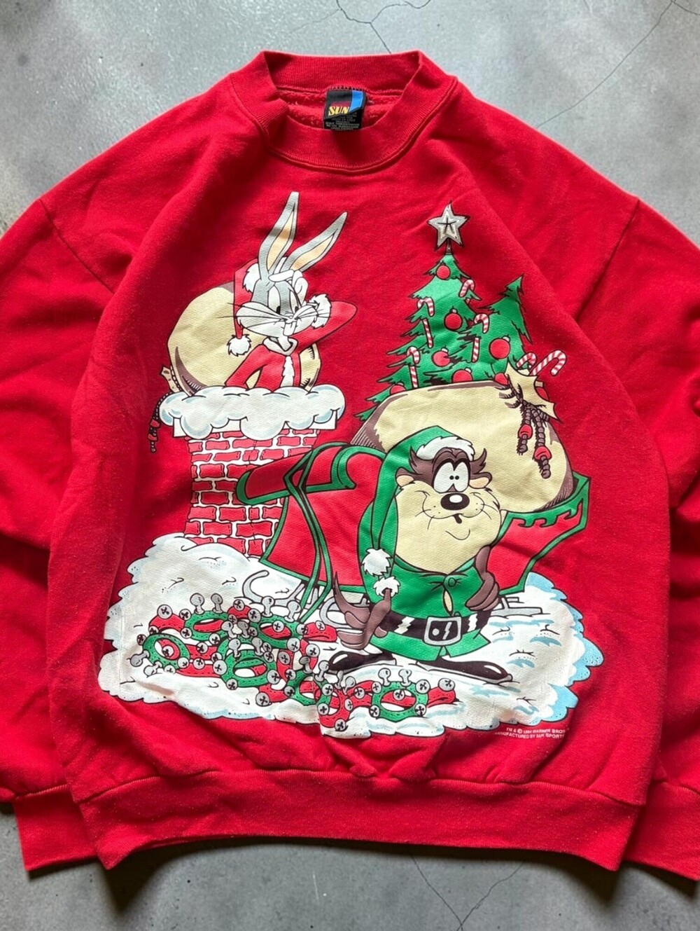 Vintage 1994 Looney Tunes Bugs Bunny Taz Cartoon Christmas Crewneck Mens Medium